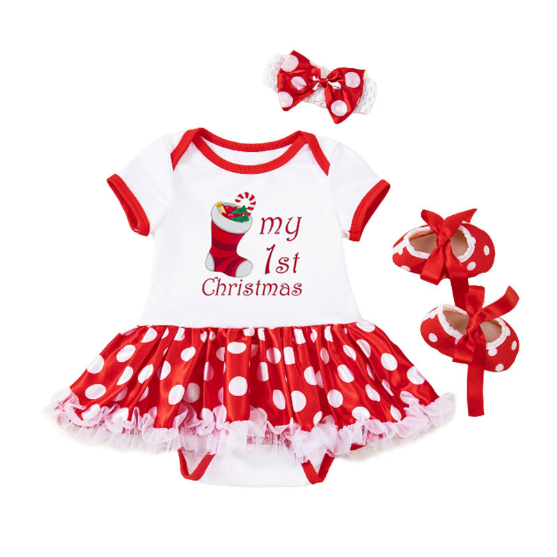 Toddler Christmas Red Dress with shoes and Hairband Set