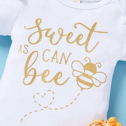 Infant Baby Girl Sweet Bee Outfits Letter Print Romper Honey Bees Pants Bowknot Headband Clothes Set