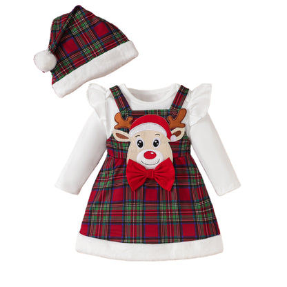 Baby Girl White Long-sleeve Blouse with Reindeer Overall Dress Set