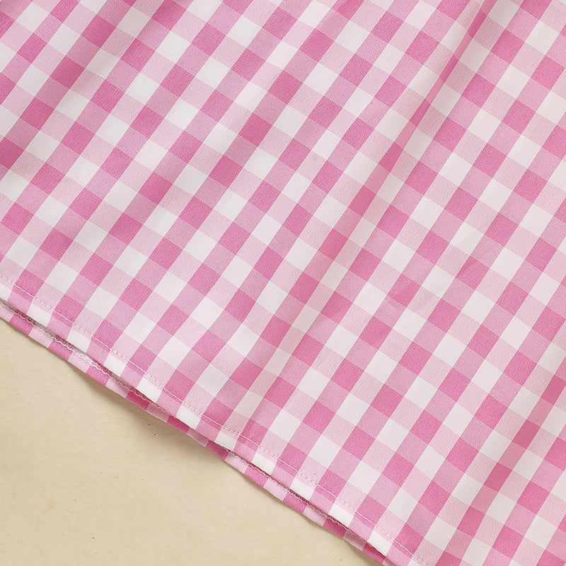 Infant Baby Girls Smocked Ruffle Sleeves Checkered Pink with Heart Embroidery