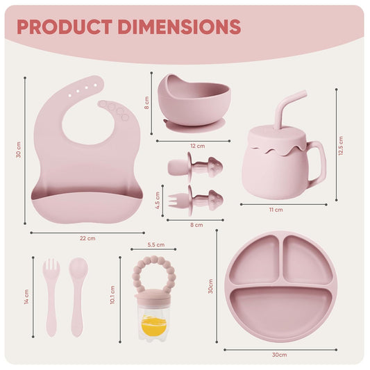 Silicone Baby Feeding Set With Suction, 10 Pcs Baby Led Weaning Supplies With Suction Bowl Divided Plate Adjustable Soft Bib Spoon Fork Snack Cup With Lid And Other Utensils