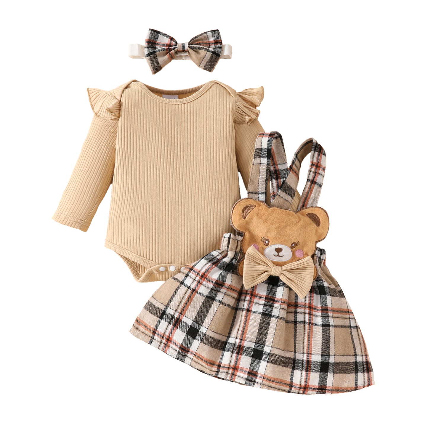 Girls Minimalist Long Sleeve Triangle Rompers with Bow Plaid Bear Dress and Headband Set