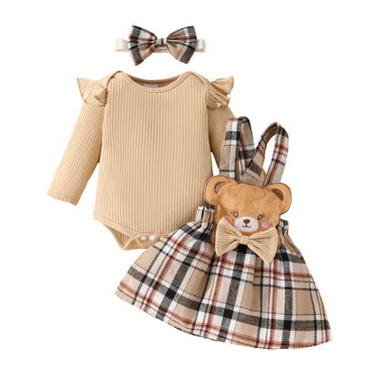 Girls Minimalist Long Sleeve Triangle Rompers with Bow Plaid Bear Dress and Headband Set