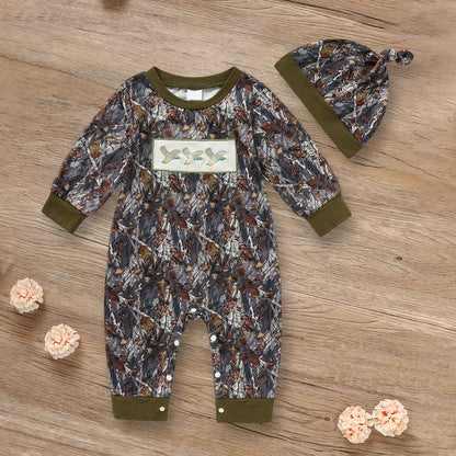 Newborn Baby Boy Long Sleeve Animal Print Romper and Hat with Hat