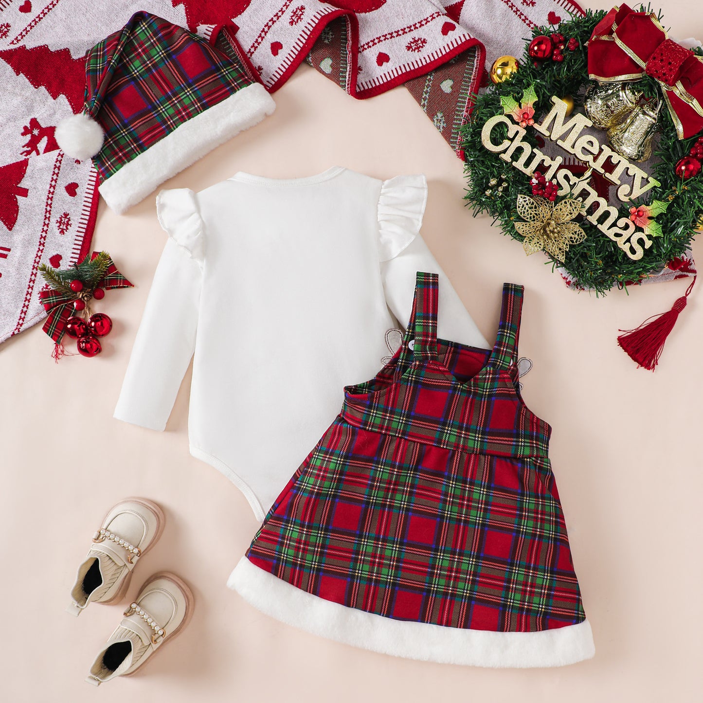 Baby Girl White Long-sleeve Blouse with Reindeer Overall Dress Set