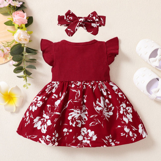 Girl's Floral Butterfly Sleeve with Dress Headband Set