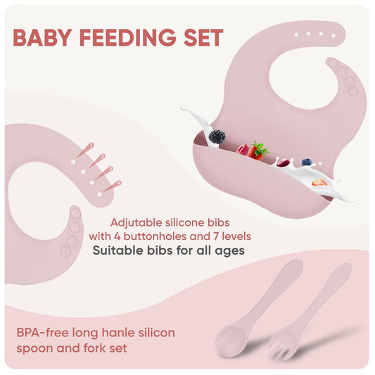 Silicone Baby Feeding Set With Suction, 10 Pcs Baby Led Weaning Supplies With Suction Bowl Divided Plate Adjustable Soft Bib Spoon Fork Snack Cup With Lid And Other Utensils