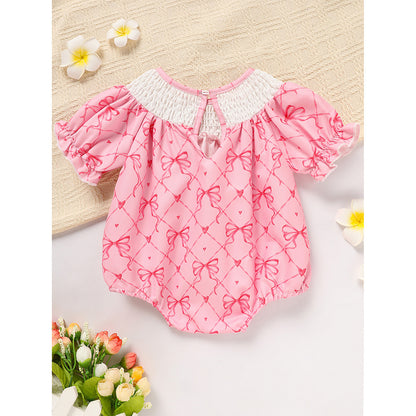 Baby Girl's Bowknot Graphic Print Romper, Daddy's Girl Letter Print Triangle Jumpsuit With Bubble Sleeves
