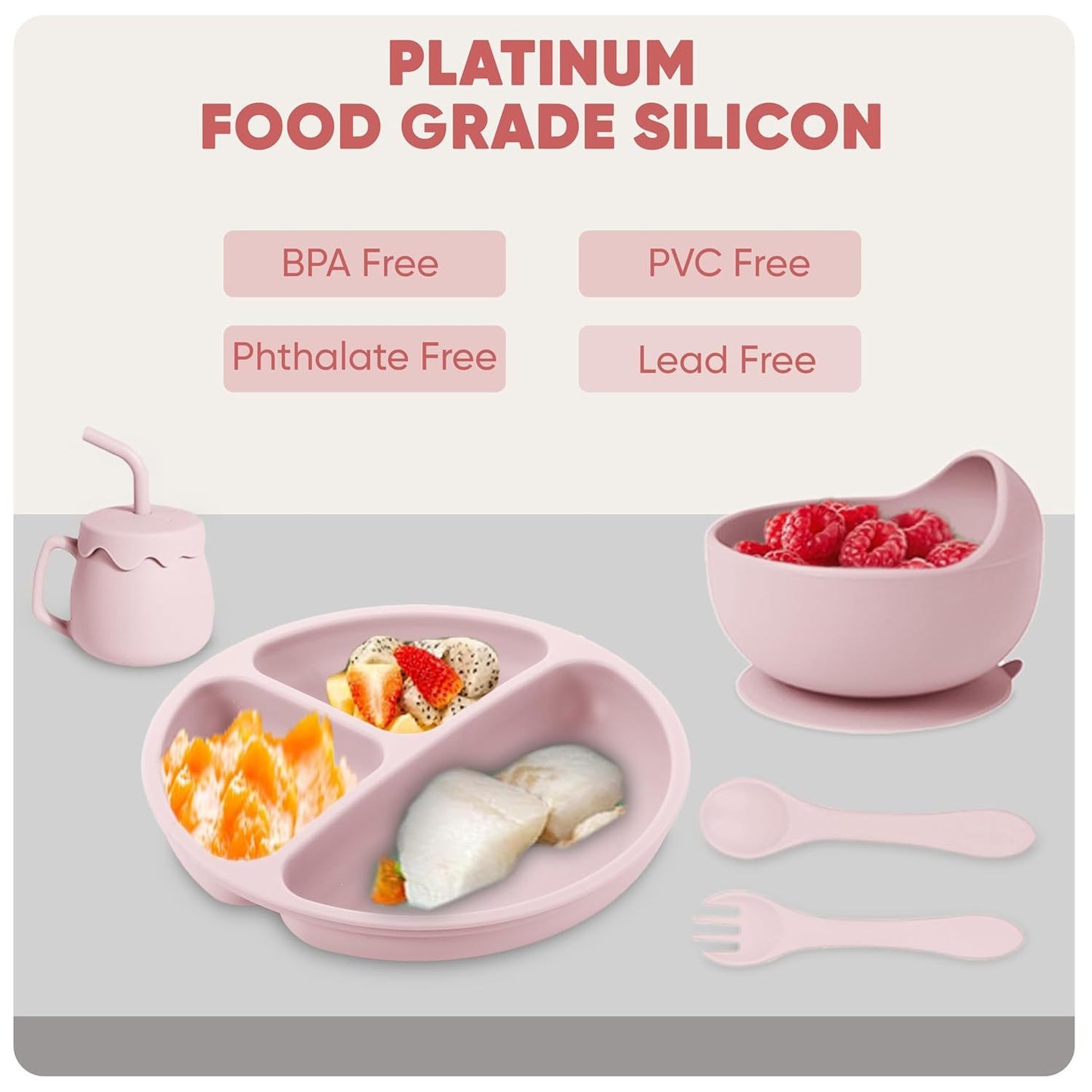 Silicone Baby Feeding Set With Suction, 10 Pcs Baby Led Weaning Supplies With Suction Bowl Divided Plate Adjustable Soft Bib Spoon Fork Snack Cup With Lid And Other Utensils