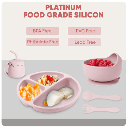 Silicone Baby Feeding Set With Suction, 10 Pcs Baby Led Weaning Supplies With Suction Bowl Divided Plate Adjustable Soft Bib Spoon Fork Snack Cup With Lid And Other Utensils