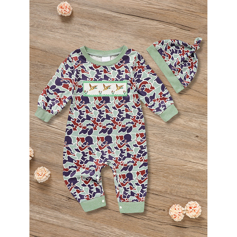 Newborn Baby Boy Long Sleeve Animal Print Romper and Hat with Hat