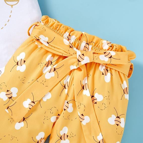 Infant Baby Girl Sweet Bee Outfits Letter Print Romper Honey Bees Pants Bowknot Headband Clothes Set