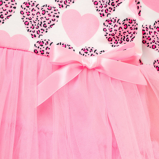 Toddler Girls Outfits Long Sleeve Graphic Heart Print Mesh Tulle Dress Valentine Birthday Party Dresses