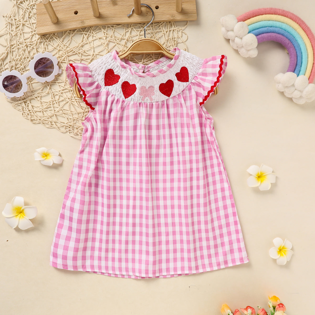 Infant Baby Girls Smocked Ruffle Sleeves Checkered Pink with Heart Embroidery