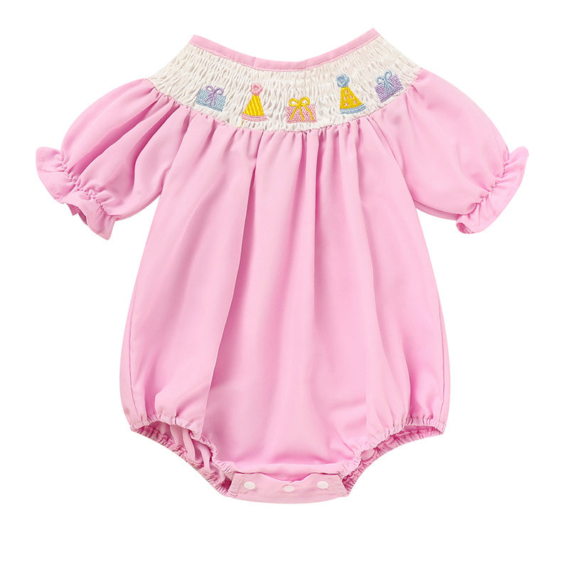 Birthday Girl Smocked Romper in Pink with Pleats and Stitches