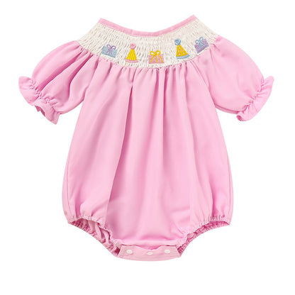 Birthday Girl Smocked Romper in Pink with Pleats and Stitches