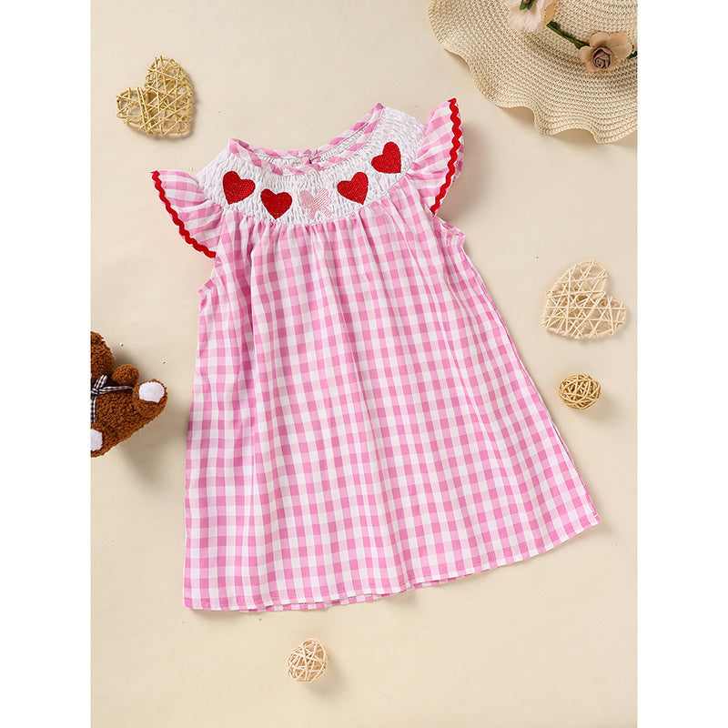 Infant Baby Girls Smocked Ruffle Sleeves Checkered Pink with Heart Embroidery