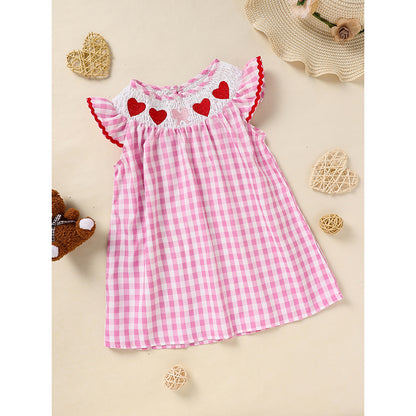 Infant Baby Girls Smocked Ruffle Sleeves Checkered Pink with Heart Embroidery