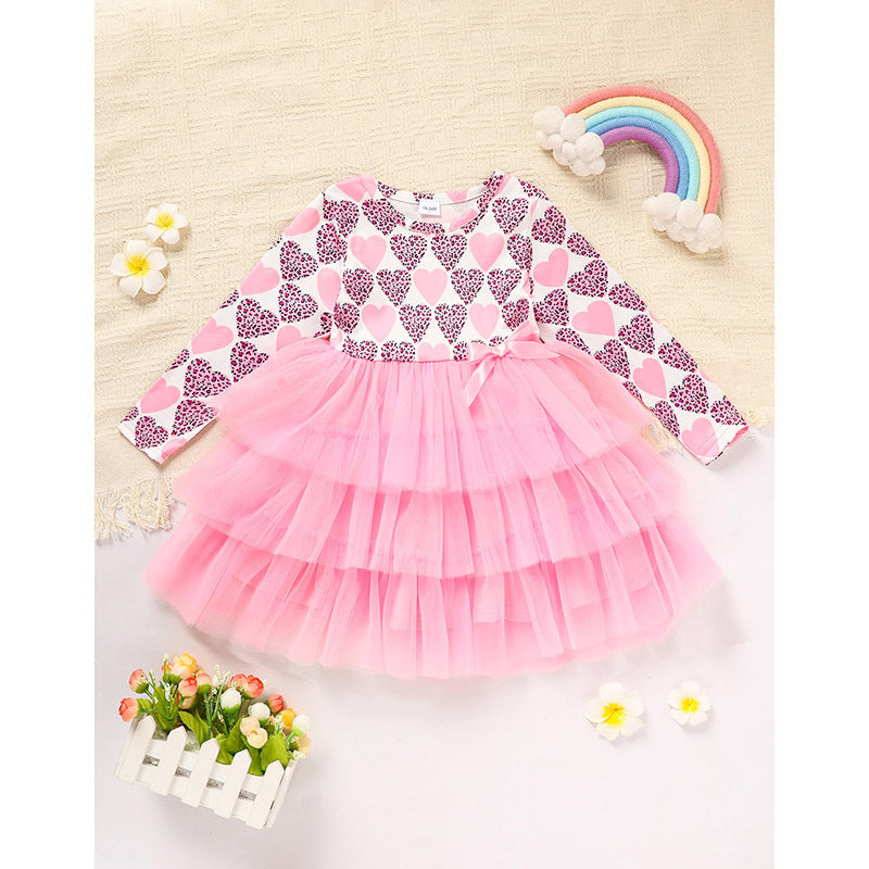 Toddler Girls Long Sleeve Mesh Tulle Dress with Heart Printed