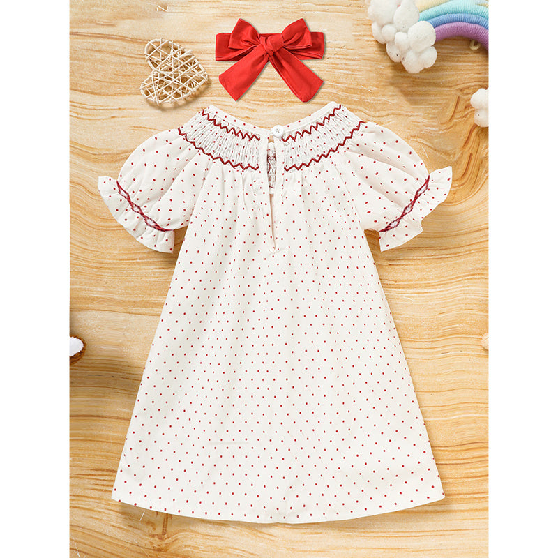 Baby Girl Smocked Princess Dress Red Polka with Heart Embroidery and Headband