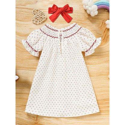 Baby Girl Smocked Princess Dress Red Polka with Heart Embroidery and Headband
