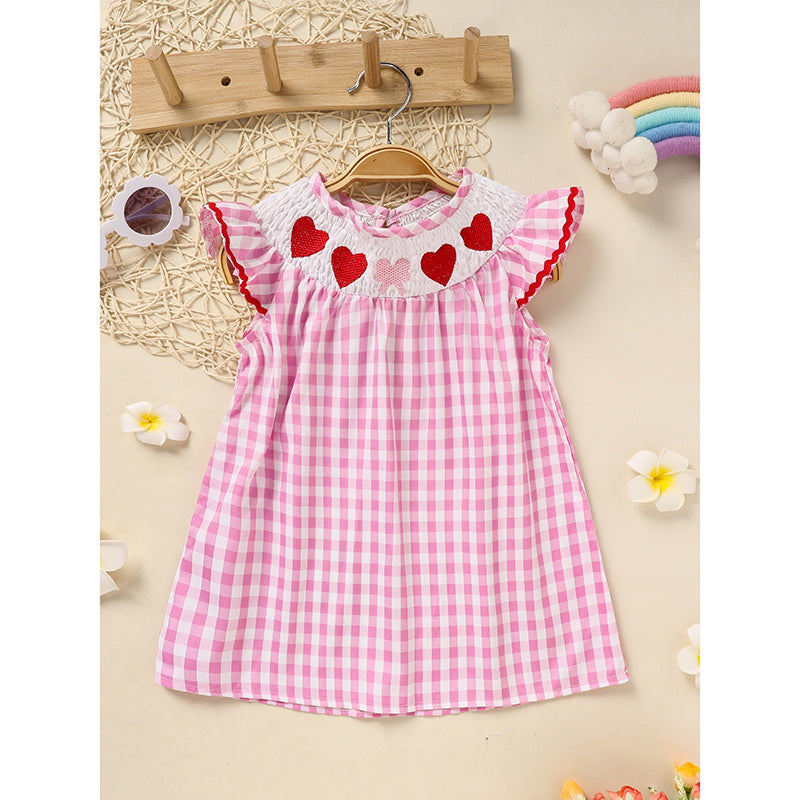 Infant Baby Girls Smocked Ruffle Sleeves Checkered Pink with Heart Embroidery