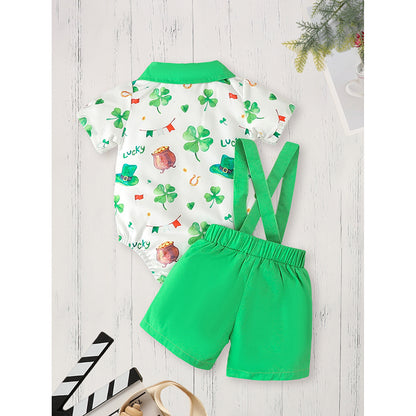 Newborn Baby Boy St. Patrick's Day Clothes Short Sleeve Clover Print Romper & Suspenders Pant 2Pcs Casual Clothes Set