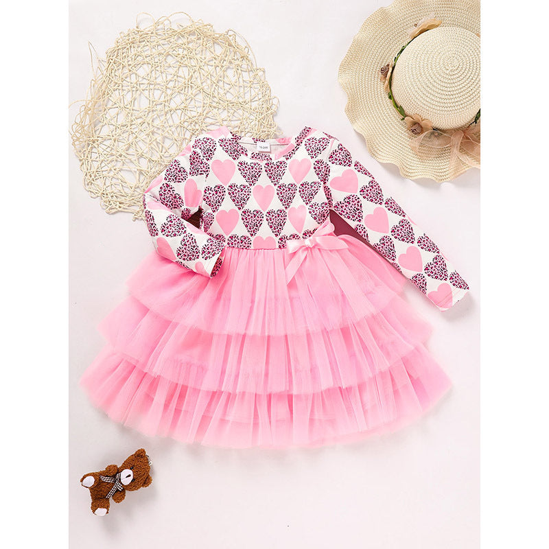 Toddler Girls Long Sleeve Mesh Tulle Dress with Heart Printed