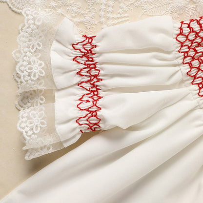 Infant Baby Girl Lacy White Dress with Red Neck Embroidery