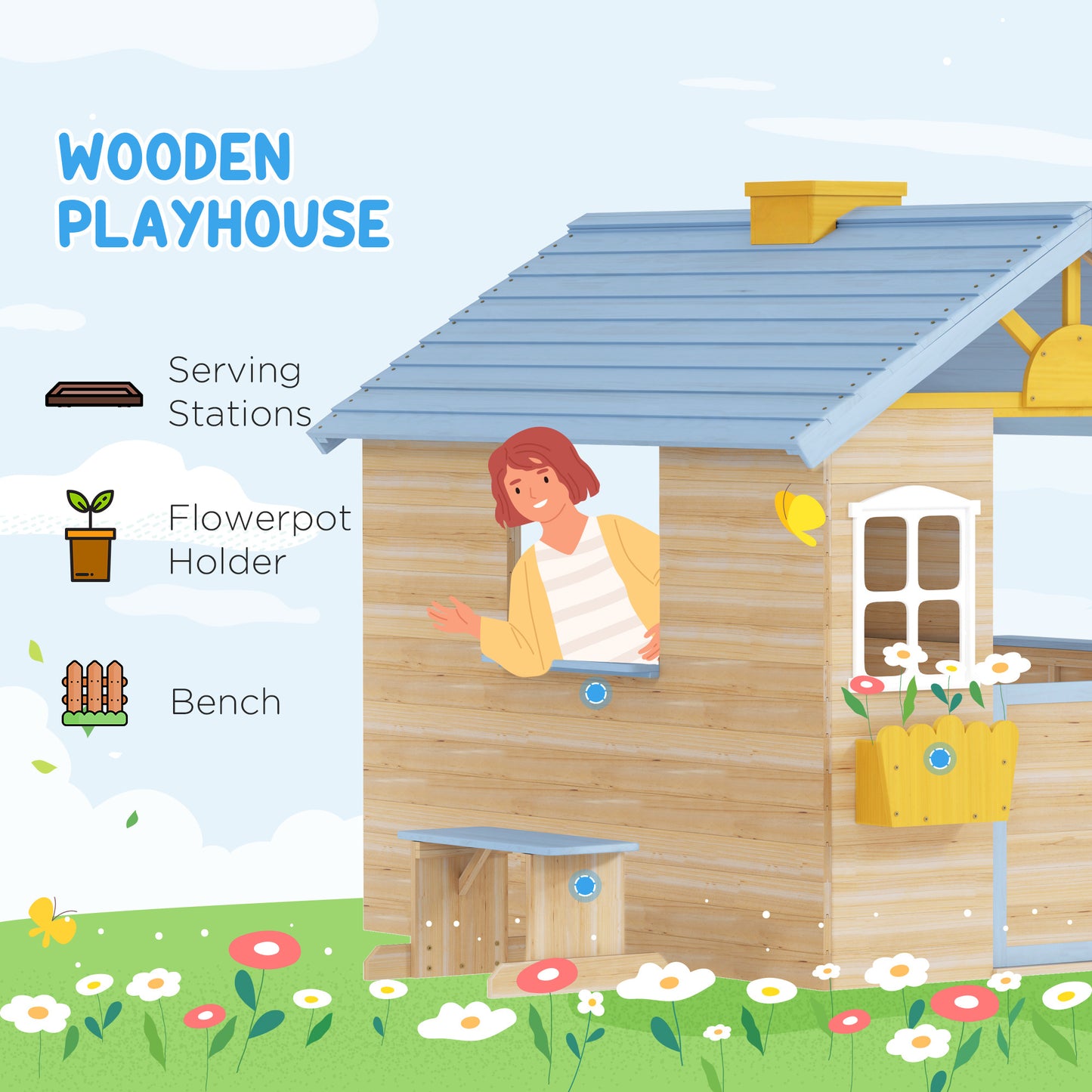 Wooden Outdoor Kid Playhouse with Garden and Bench Service Station