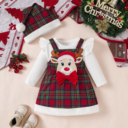Baby Girl White Long-sleeve Blouse with Reindeer Overall Dress Set