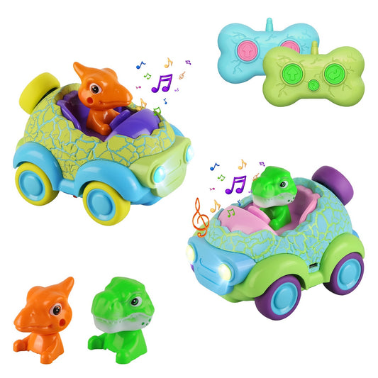 2Pack Dinosaur Remote Control Cars For Toddlers Rechargeable RC Cars With Light Music Birthday Gift For Boys Girls Aged 3 4 5 6 Years Old Christmas New Year Gift