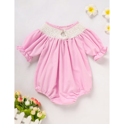 Birthday Girl Smocked Romper in Pink with Pleats and Stitches
