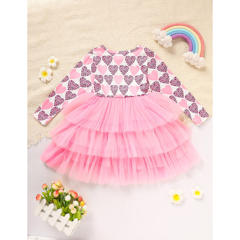 Toddler Girls Long Sleeve Mesh Tulle Dress with Heart Printed