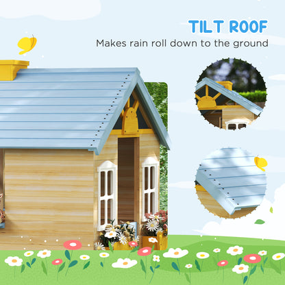 Wooden Outdoor Kid Playhouse with Garden and Bench Service Station