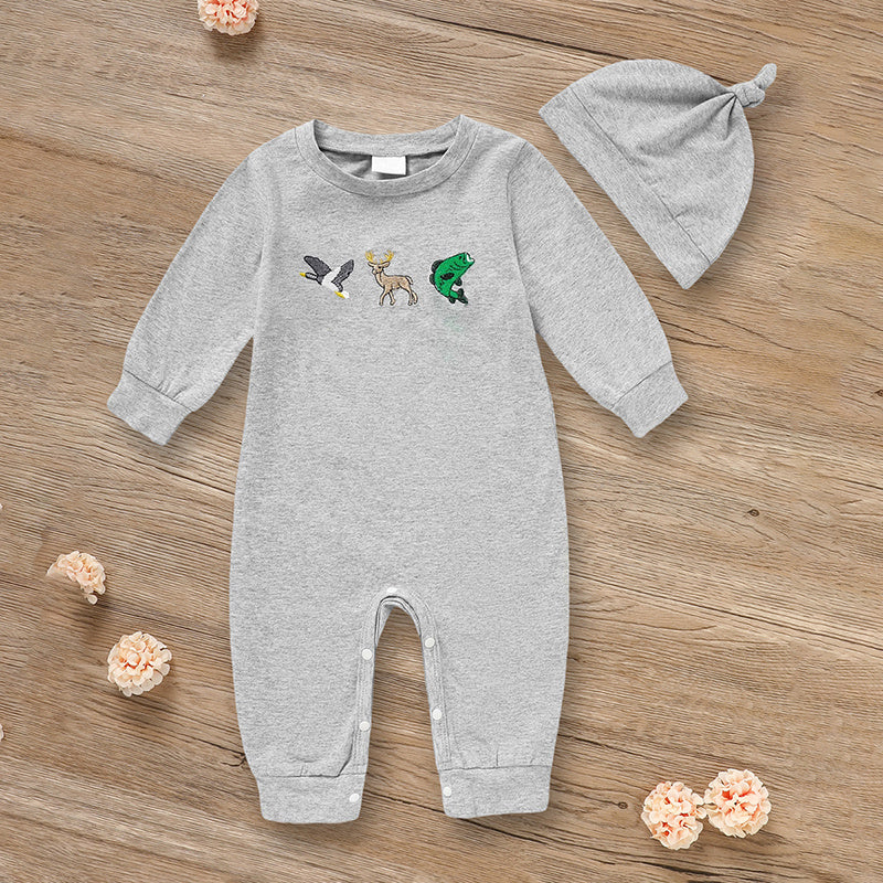 Newborn Baby Boy Long Sleeve Animal Print Romper and Hat with Hat
