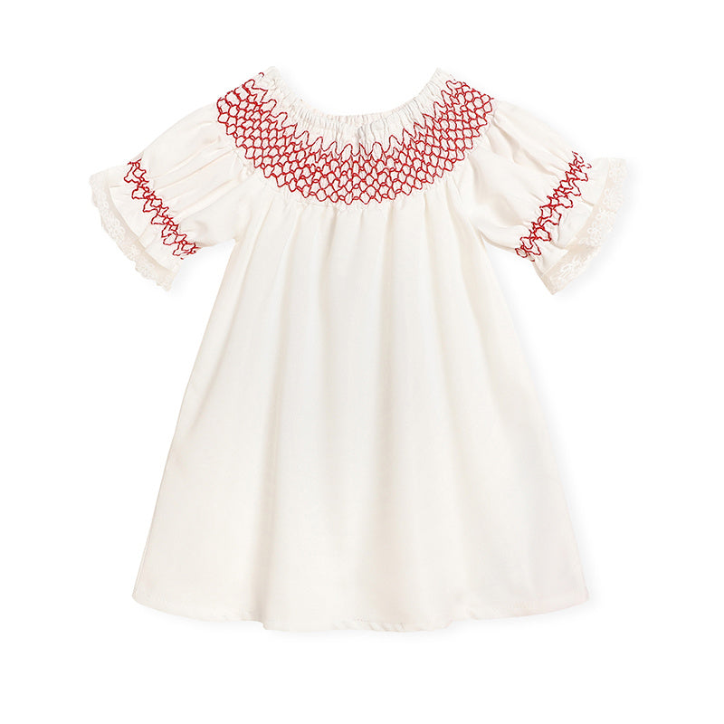 Infant Baby Girl Lacy White Dress with Red Neck Embroidery