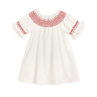 Infant Baby Girl Lacy White Dress with Red Neck Embroidery