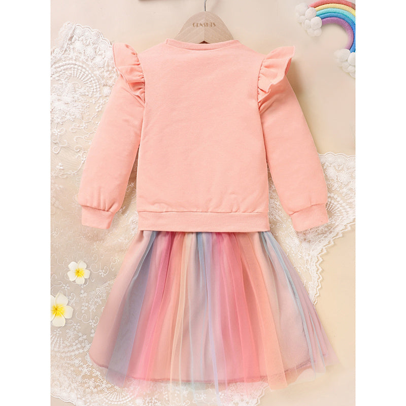 Baby Girls Rainbow Skirt Set Letters Embroidery Long Sleeve Sweatshirt Tops & Rainbow Tutu Skirt Outfits