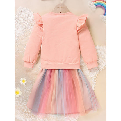 Baby Girls Rainbow Skirt Set Letters Embroidery Long Sleeve Sweatshirt Tops & Rainbow Tutu Skirt Outfits