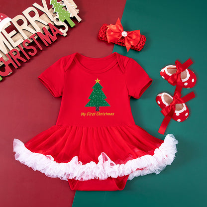 Toddler Christmas Red Dress with shoes and Hairband Set